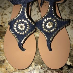 Jack Rogers Denim Gold Lthr Navajo Sandals EUC 7 M